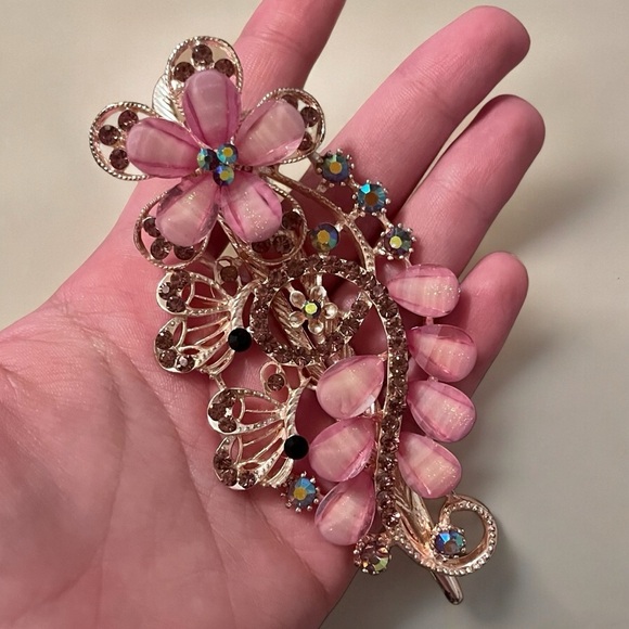 Elegant Women’s Vintage Pink Floral Crystal Hair Barrette Clip main image 15